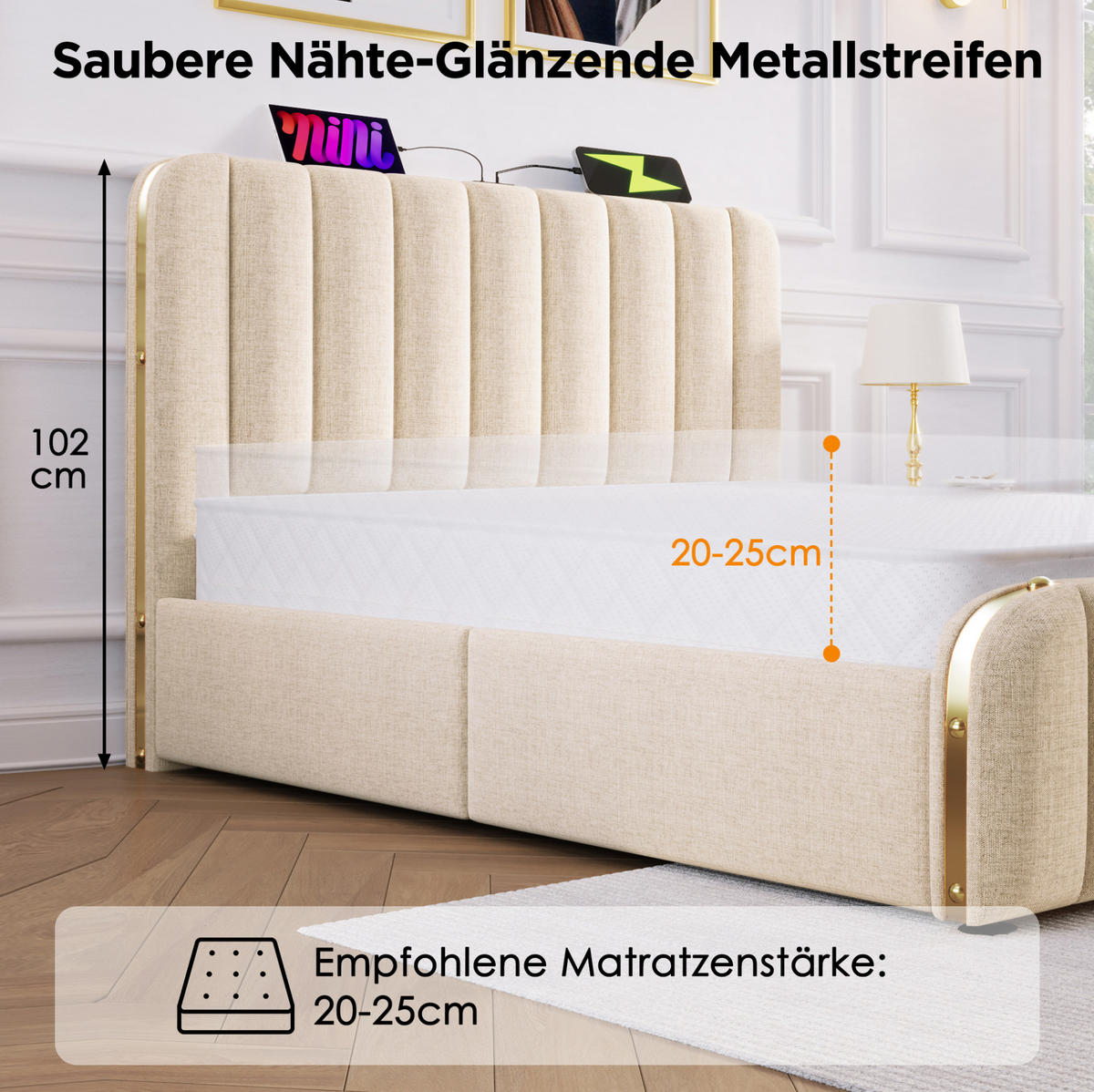 POLSTERBETT 90/200 cm Beige aus Leinen mit Stauraum - Beige, Textil (90/200cm) - OKMYHOME