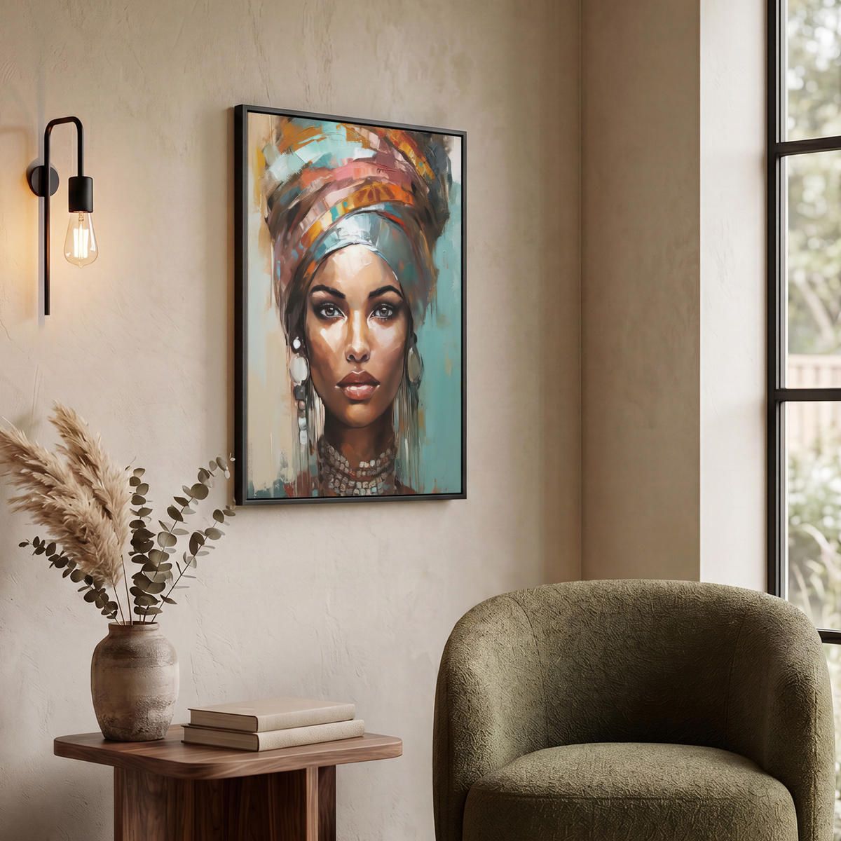 LEINWAND Bilder mit Rahmen - Frau - Kunst - Schmuck - Porträt - 60x80 - Blaugrau, Textil (60/80cm) - MuchoWow