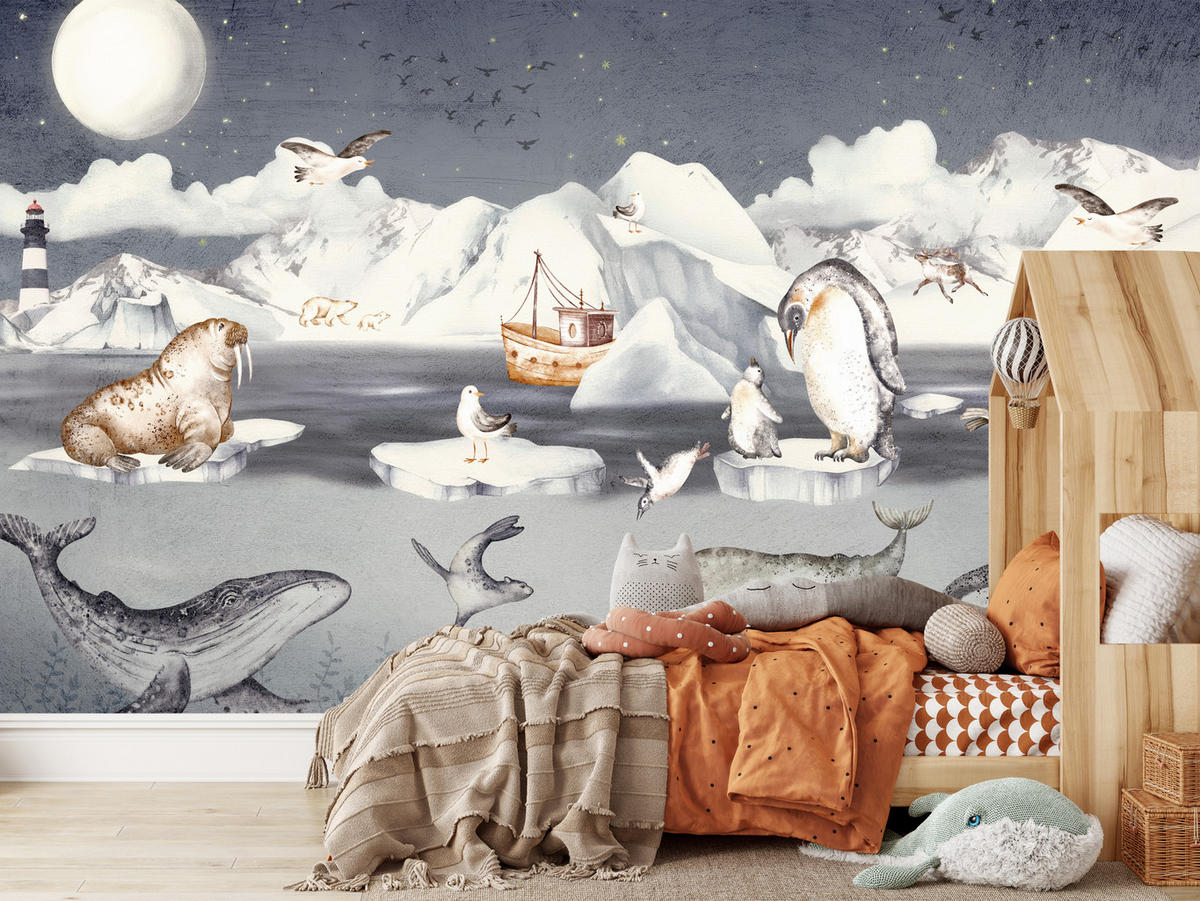 FOTOTAPETE für Kinderzimmer Arktische Tiere Pinguine Robben Mond Gebirge 400x280 - Orange/Weiß, Papier (400/280cm) - Muralo