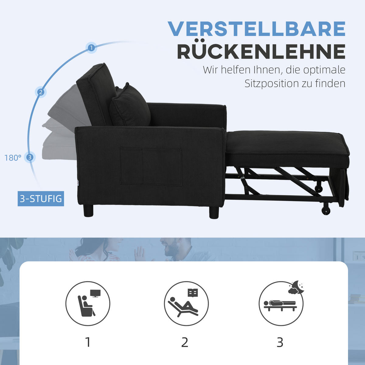 SCHLAFSESSEL, 3-in-1 , Schwarz - Schwarz, Kunststoff (84/81/74cm) - HOMCOM