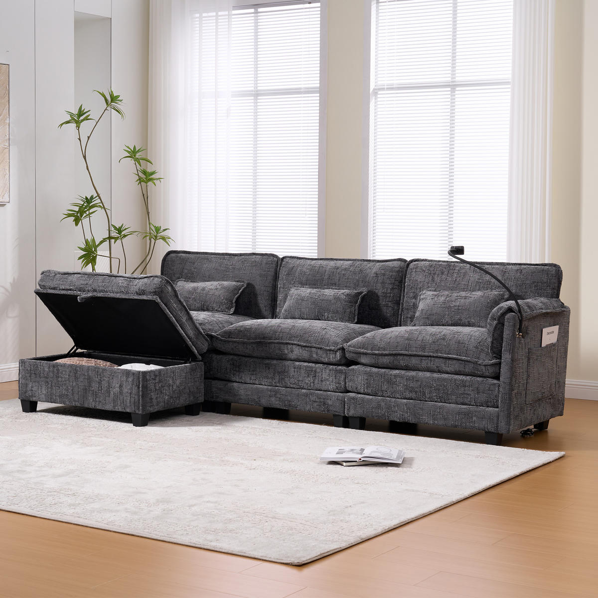 ECKSOFA mit USB-Anschluss und Seitentasche Chenille Grau 279/83/85 cm - Grau, Textil (279/83cm) - OKWISH