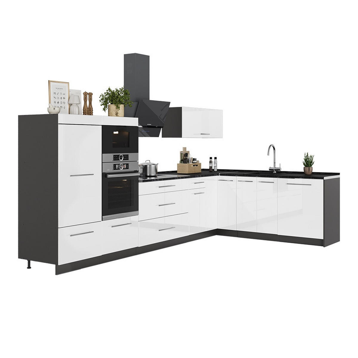 KUHINJA U OBLIKU SLOVA L Fame-Line, Sjajna Bijela /Antracit, 347 x 207 cm, RP Antracit - bijela visoki sjaj/antracit, drvni materijal (347/153.6/60cm) - Vicco