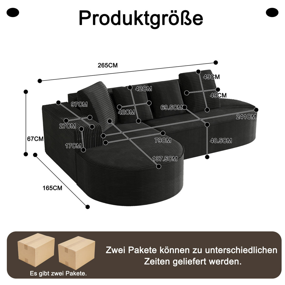 MODULARES Ecksofa Cord Sitzhöhe 40,5 cm mit tiefem Sitz 265/165/67 cm Schwarz - Schwarz, Textil (165/265cm) - Redom