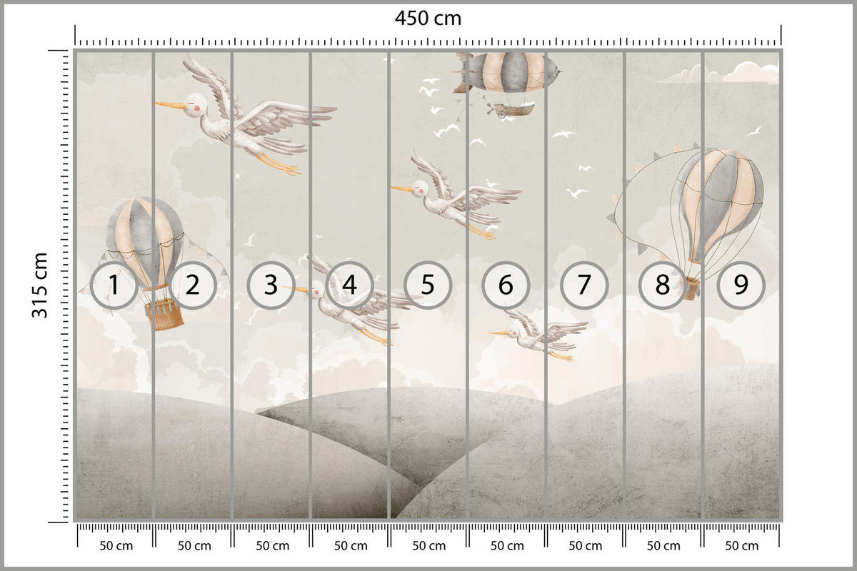 FOTOTAPETE für Kinderzimmer Boho Störche Aquarell Balon Luftschiff Himmel 450x315 - Beige/Weiß, Papier (450/315cm) - Muralo