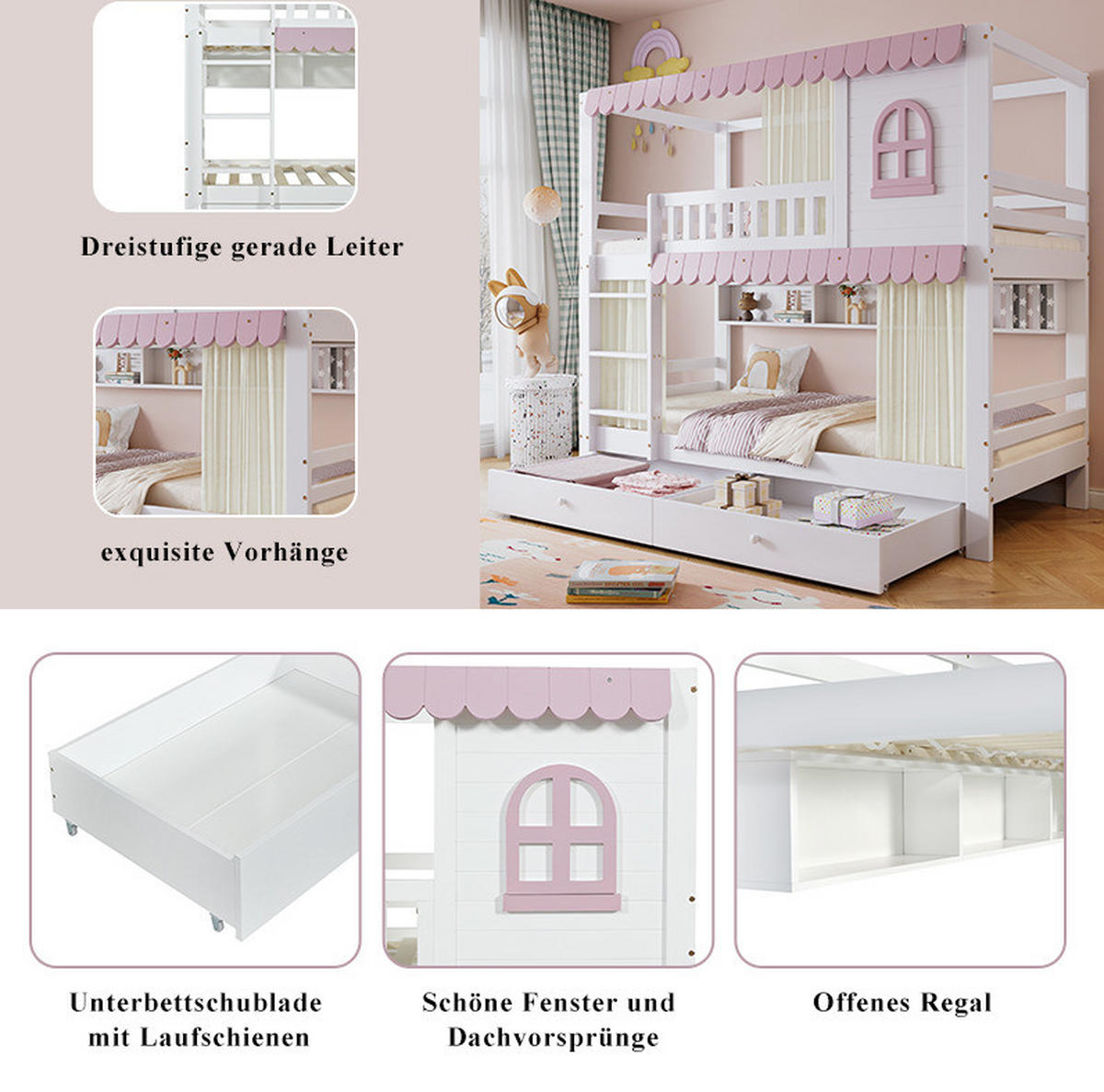 ETAGENBETT 90/200 cm mit Fallschutz, Fenster, Vorhängen, Regalen und 2 Schubladen, Weiß/Rosa - Weiß, Holzwerkstoff (90/200cm) - Redom
