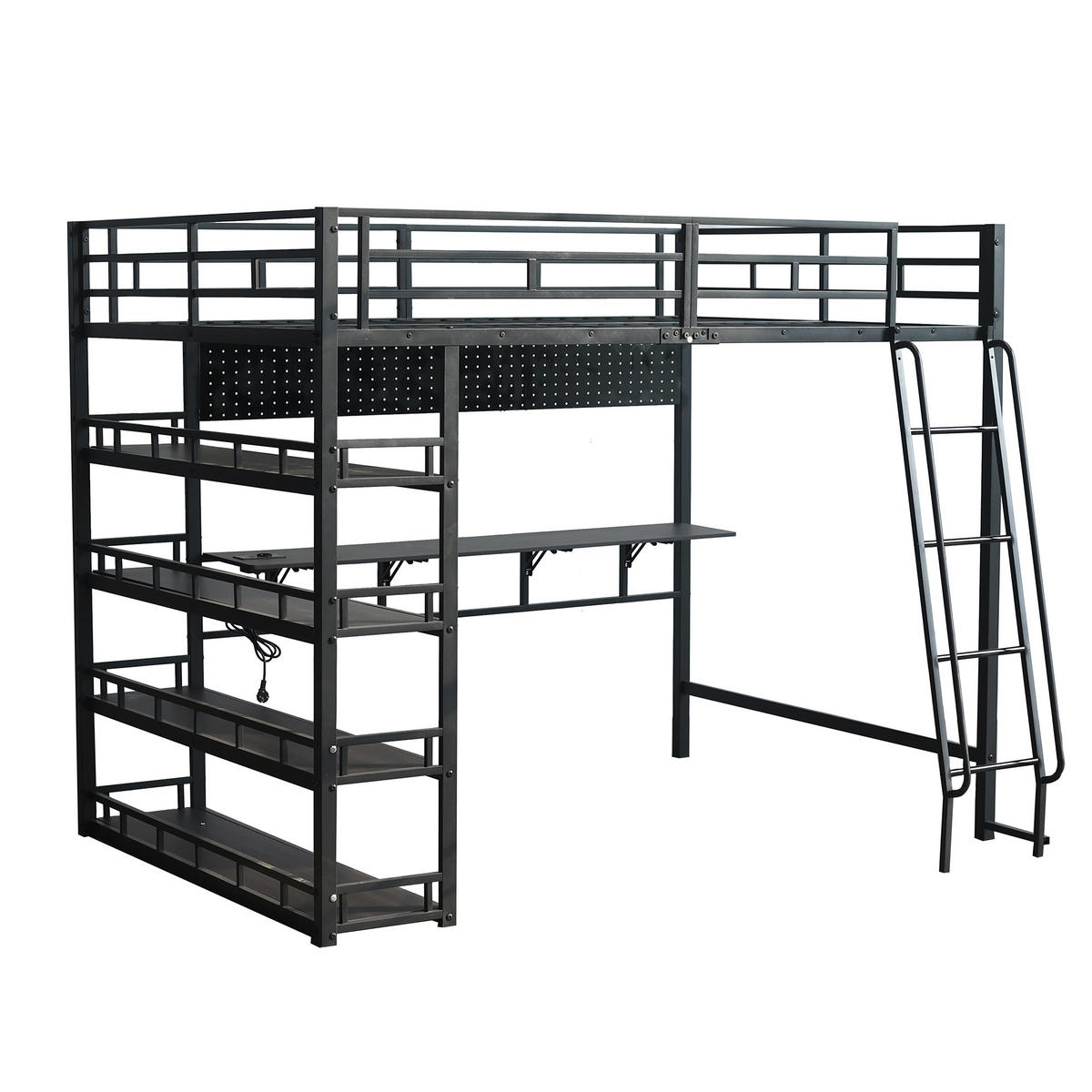 HOCHBETT 140/200 cm DE-02352, in Schwarz, mit Ablagen, Ladeanschluss und Schrägleiter - Schwarz, Metall (140/200cm) - ComfortXL