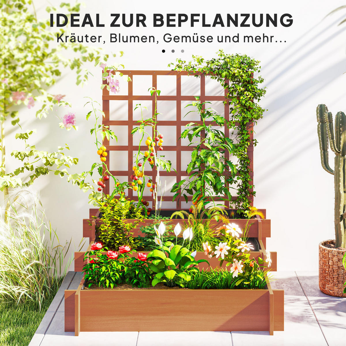 HOCHBEET mit Rankhilfe, 3-stufig Blumenkasten mit Vliesstoff, Gemüsebeet - Braun, Holz (95/110/95cm) - Outsunny