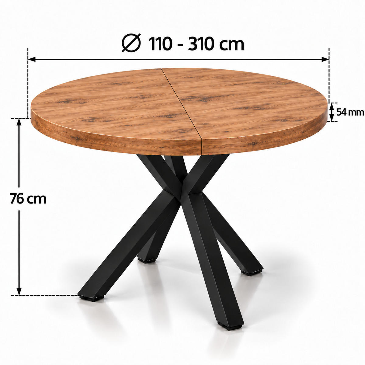 ESSTISCH rund ausziehbar 110/310/76 cm, Eiche Craft, 54 cm Tischplatte + X Metallbeine Schwarz - Eichefarben, Holzwerkstoff/Metall (110/310/76cm) - Damale Möbel