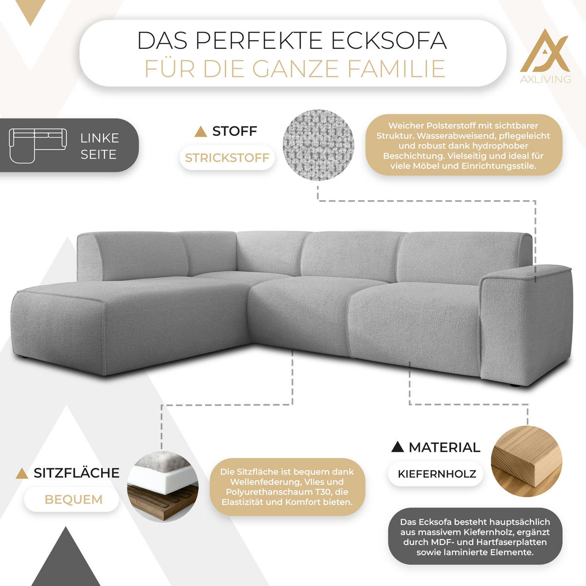 ECKSOFA L Form Didim Hellgrau 292/220/78 cm – großes Sofa stilvoll & bequem L - Hellgrau/Schwarz, Kunststoff/Textil (220/292cm) - AX Living