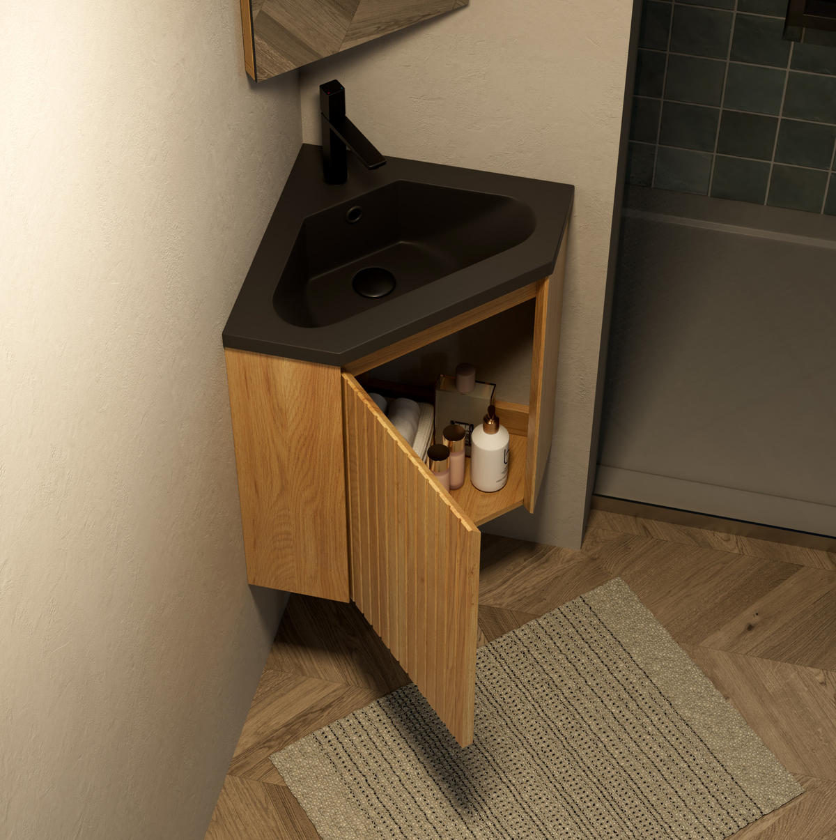 WASCHTISCHKOMBI 54,5/38.5/52.4 cm schwarz/Naturholz aus Harz und Sperrholz mit vormontiertem Unterschrank - Schwarz, Kunststoff (54.5/52.4/38.5cm) - OKWISH
