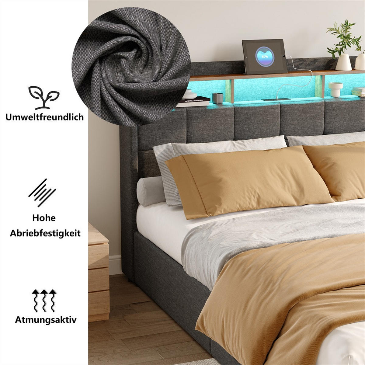 POLSTERBETT 140x190cm - Doppelbett mit 4 Schubladen - RGB-LED-Beleuchtung Ladestation - ohne Matratze - Grau - Grau, Textil (140/190cm) - DELFA