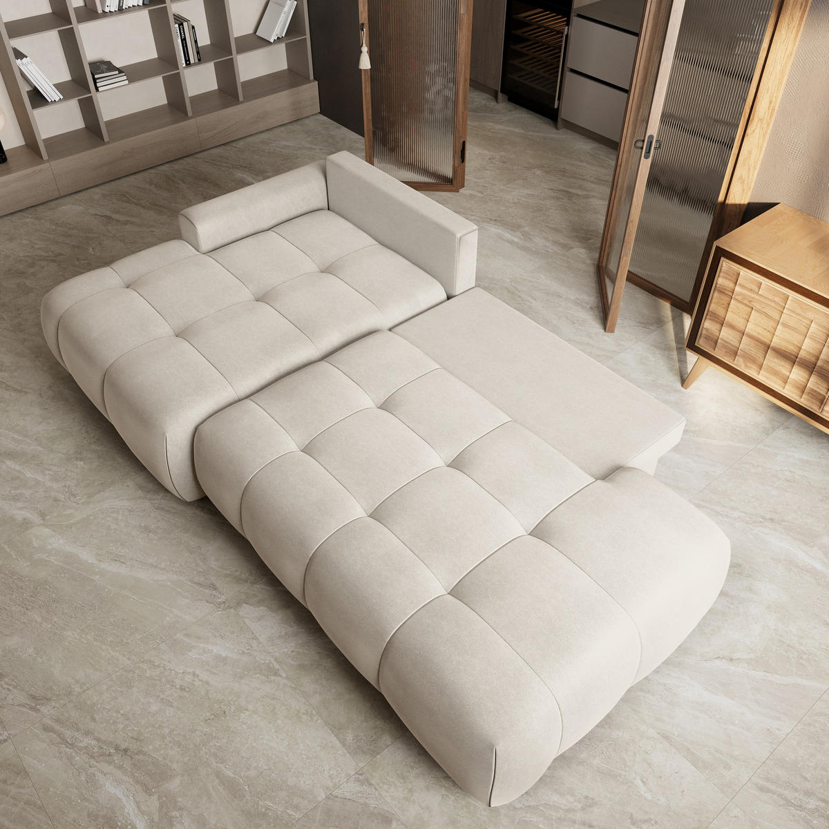 ECKSOFA FLUMA CL L-S Creme Samtstoff mit Schlaffunktion - Creme, Holzwerkstoff/Textil (279/158cm) - MASSENO