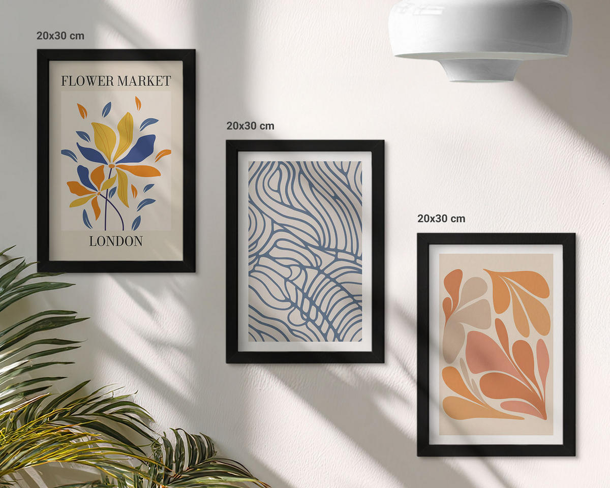 WANDBILDER 3er-Set - 20x30 cm Schwarzer Rahmen - Moderne abstrakte Blumen - Schwarz, Kunststoff (20/30cm) - ArtPrintCave