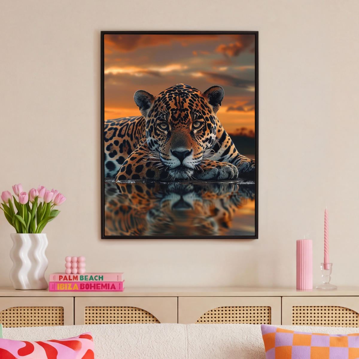 LEINWAND Bilder mit Rahmen - Natur - Leopard - Tier - Sonnenuntergang - Modern - 70x100 - Orange, Textil (70/100cm) - MuchoWow