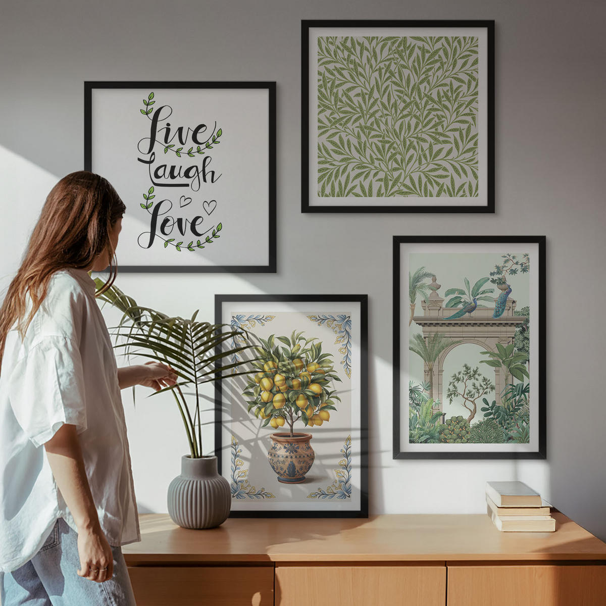 BILDER SET 4er Set - 50x50 cm & 40x60 cm Schwarzer Rahmen - Grüne Blätter exotischer Pflanzen - Schwarz, Kunststoff (50/50cm) - TULUP