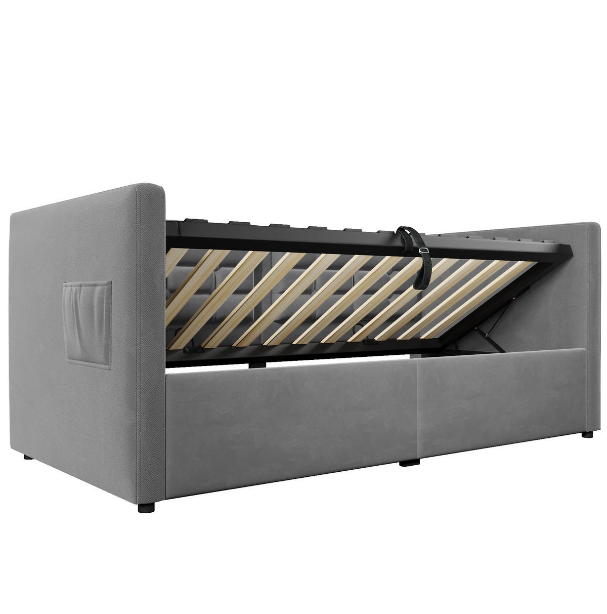 BETT 90/200 cm mit Bettkasten, USB & Type-C, inkl. Lattenrost, Grau - Grau, Textil (90/200cm) - BEAOK