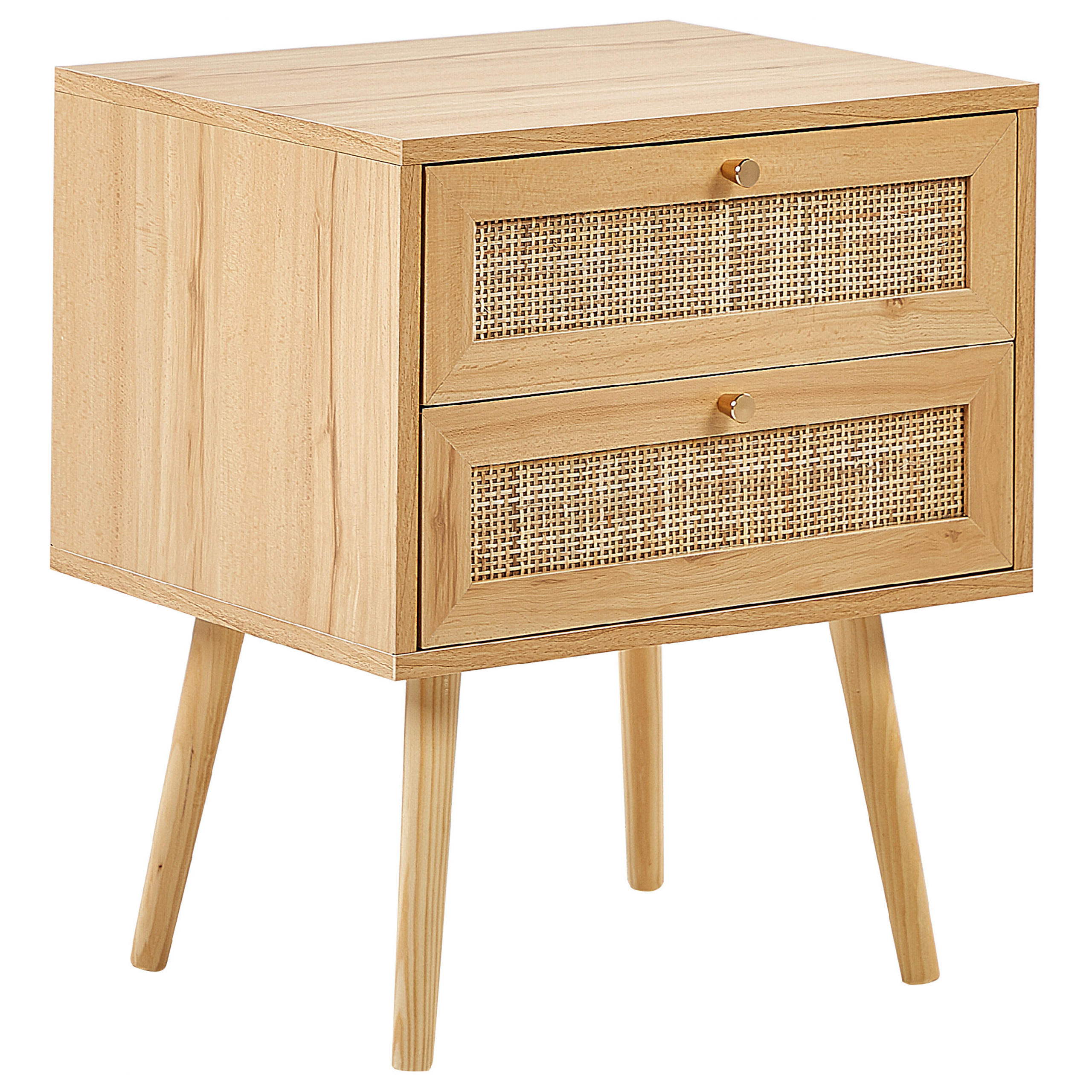 NACHTTISCH Rattan hellbraun 2 Schubladen Perote - Hellbraun/Goldfarben, Naturmaterialien (57/57/48cm) - Beliani