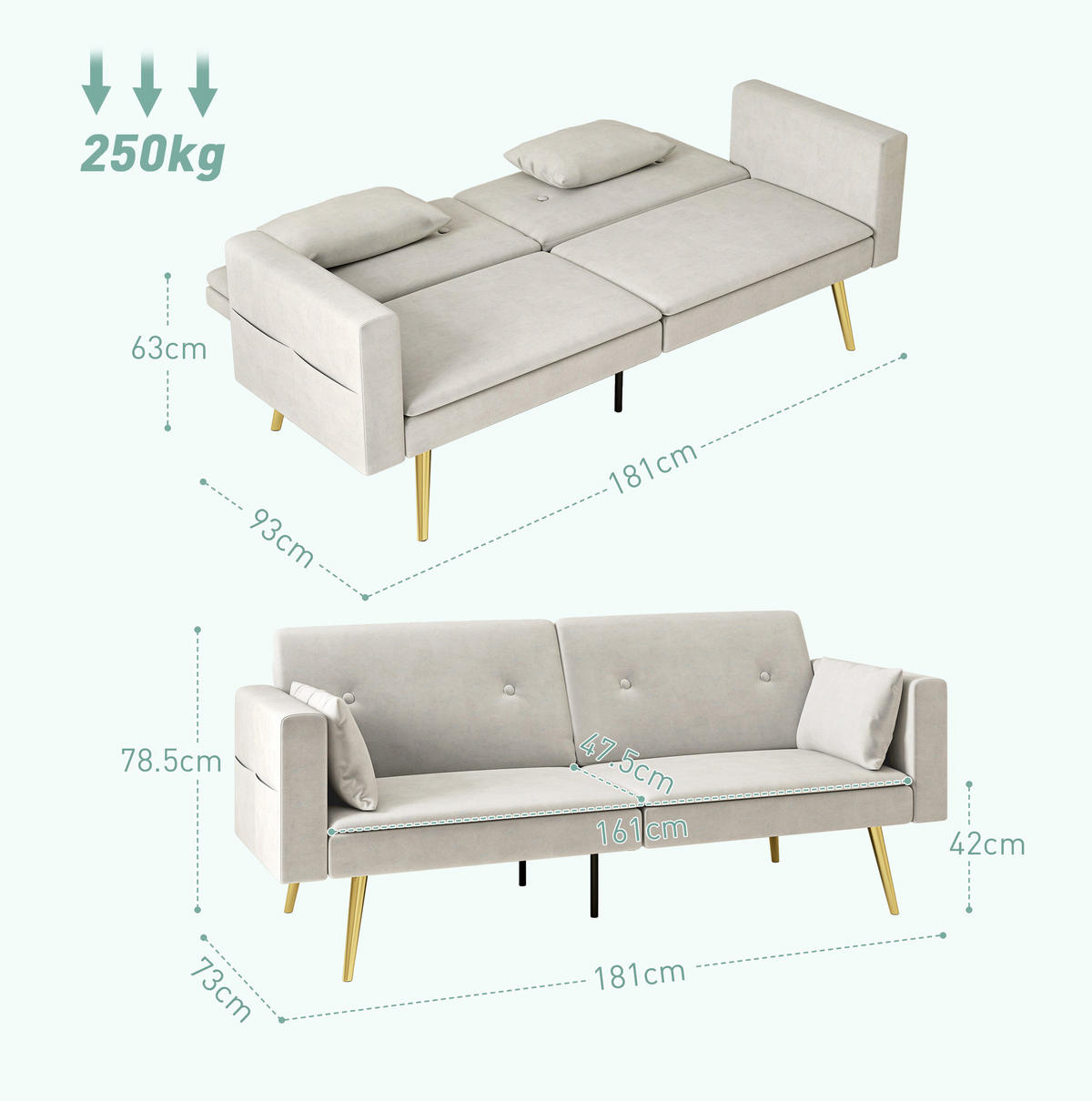 SCHLAFSOFA 160/93 cm mit verstellbarer Rückenlehne, Seitentaschen und abnehmbaren Armlehnen, Beige - Beige, Holzwerkstoff (181/78.5/73cm) - Redom