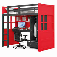 HOCHBETT mit Stauraum und Schreibtisch 90x200 cm Holz Black+Red - Rot, Holz (90/200cm) - Meubliv
