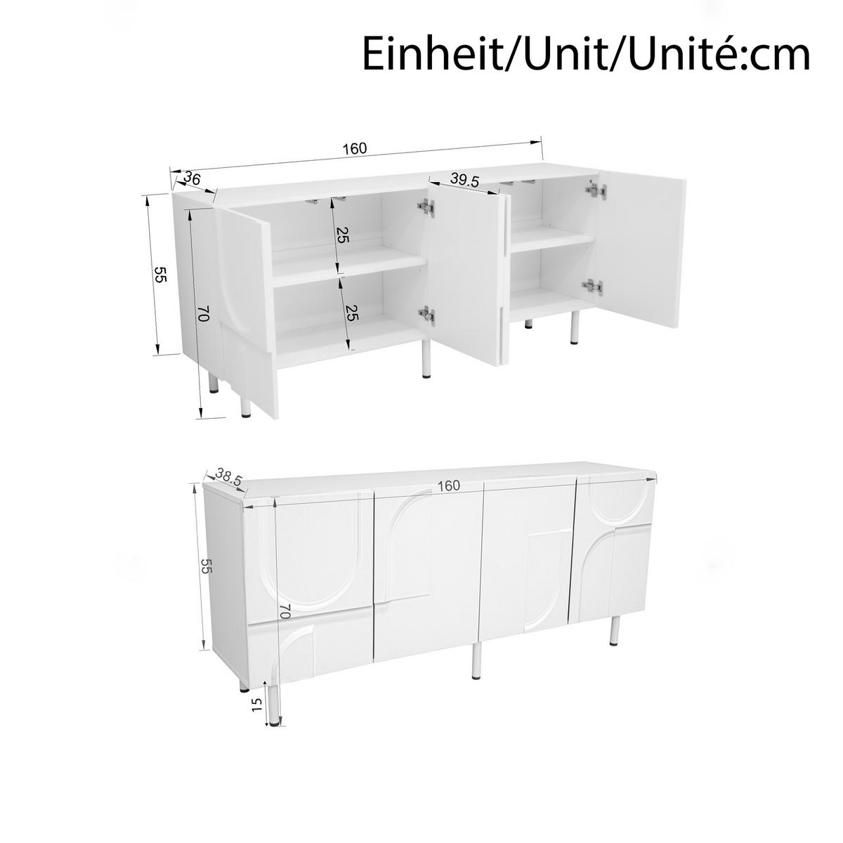 SIDEBOARD Weiß geometrisch modern Stauraum minimalist - Weiß, Holzwerkstoff (38.5/70/160cm) - FLIEKS