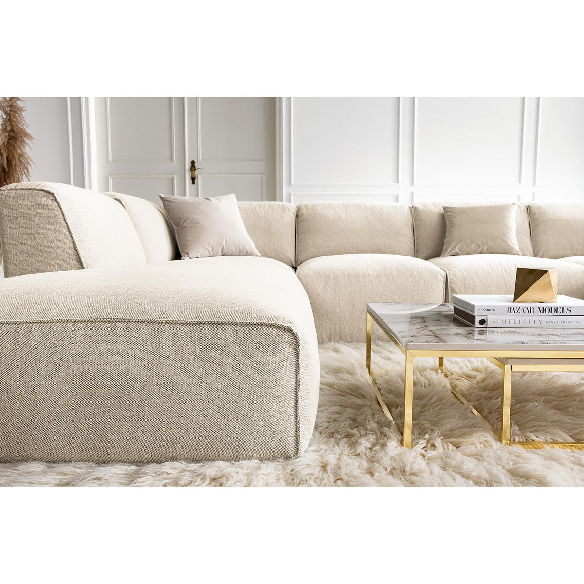 WOHNLANDSCHAFT mit Longchair - Beige/Schwarz, Kunststoff/Textil (325/71/235cm) - home24