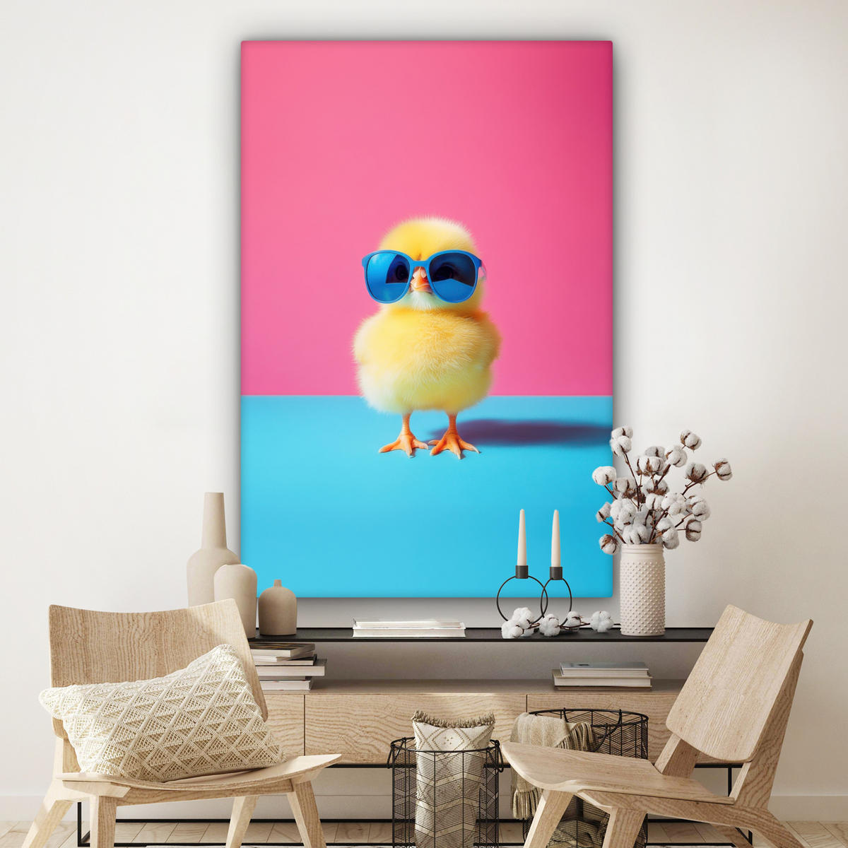 LEINWANDBILD Chick - Sonnenbrille - Blau Deko Groß 90x140 cm - Pink/Gelb, Textil (90/140cm) - MuchoWow