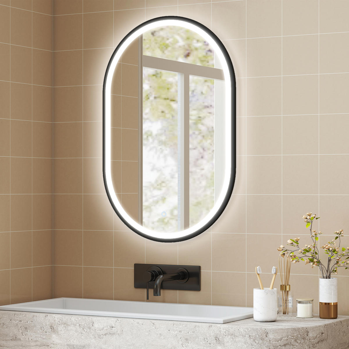 BADEZIMMERSPIEGEL DE-15194 mit 3 LED-Farben und dimmbarer Helligkeit - Schwarz, Metall (4/70/50cm) - ComfortXL