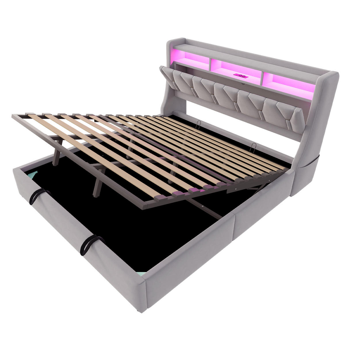 POLSTERBETT 180/200 cm Hellgrau aus Samt mit Stauraum mit LED-Beleuchtung - Hellgrau, Textil (180/200cm) - OKWISH