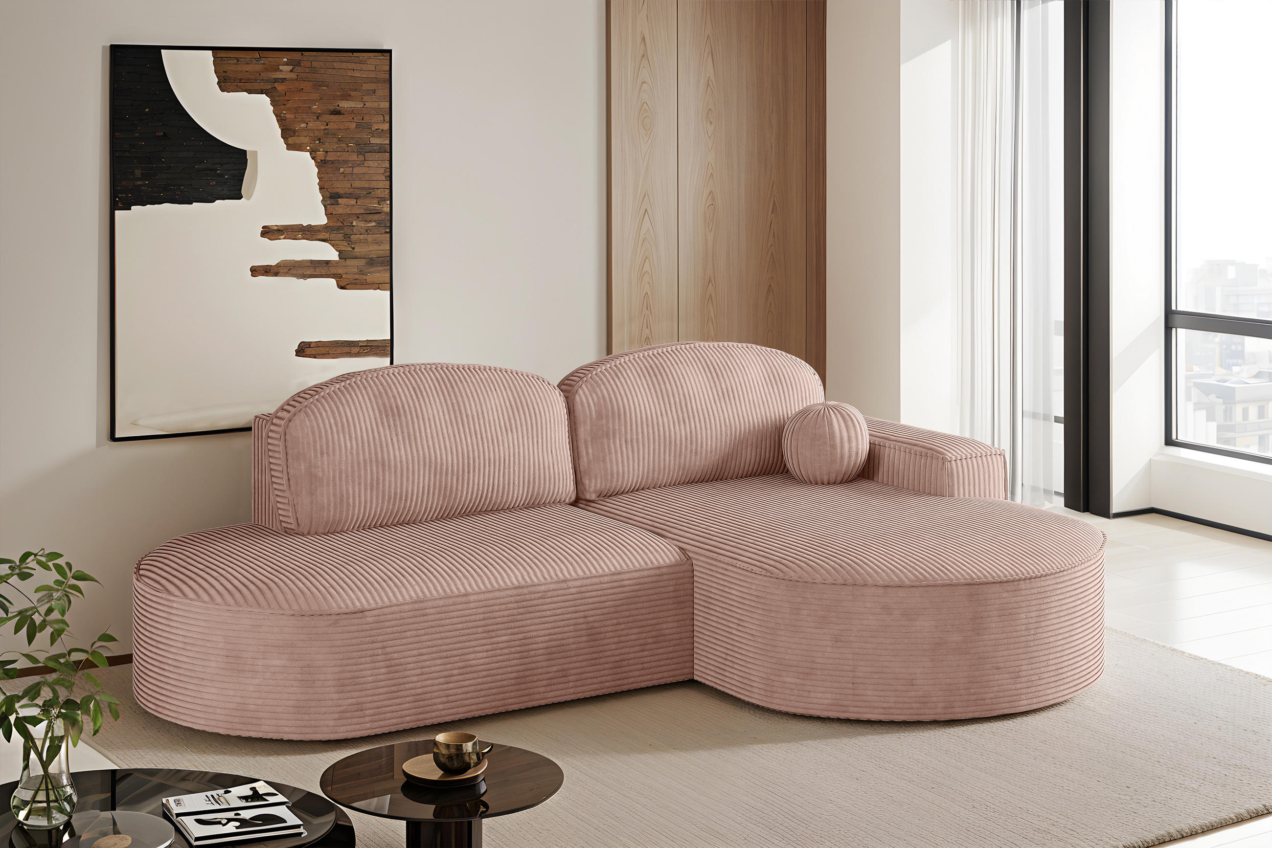 ECKSOFA mit Schlaffunktion und Bettkasten Modena Runden stoff Poso Rosa Rechts - Rosa, Holz/Textil (278/179cm) - Kaiser Möbel