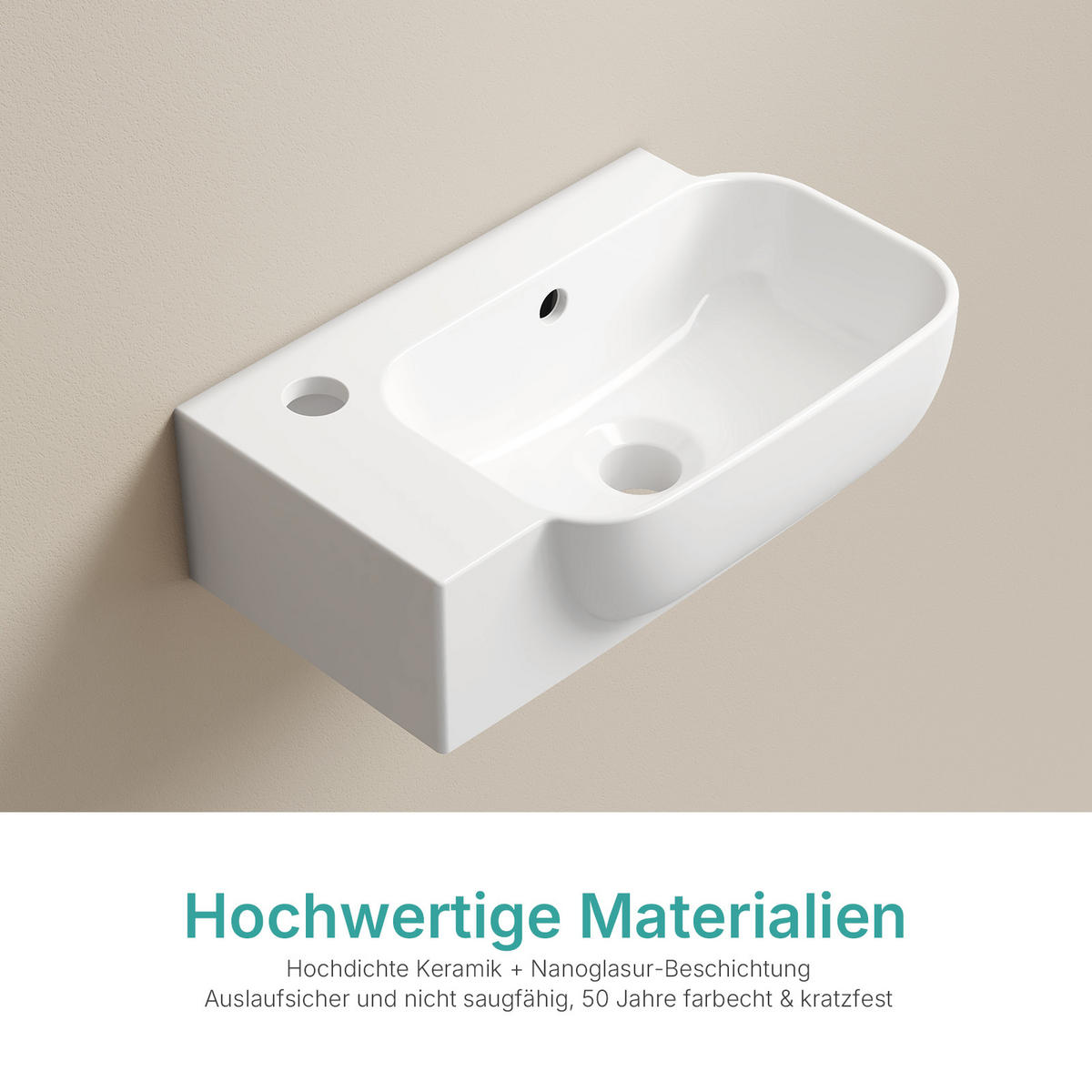 HANDWASCHBECKEN Links-Wasserhahnloch 40 / 25 / 14 cm - Weiß, Keramik (25/14/40cm) - EMKE