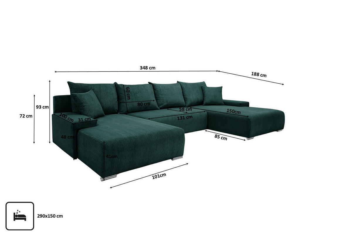ECKSOFA U-Form Livorno Schlaffunktion Cord-Stoff Grün - Chromfarben/Schwarz, Holz/Kunststoff (348/93/188cm) - Kaiser Möbel