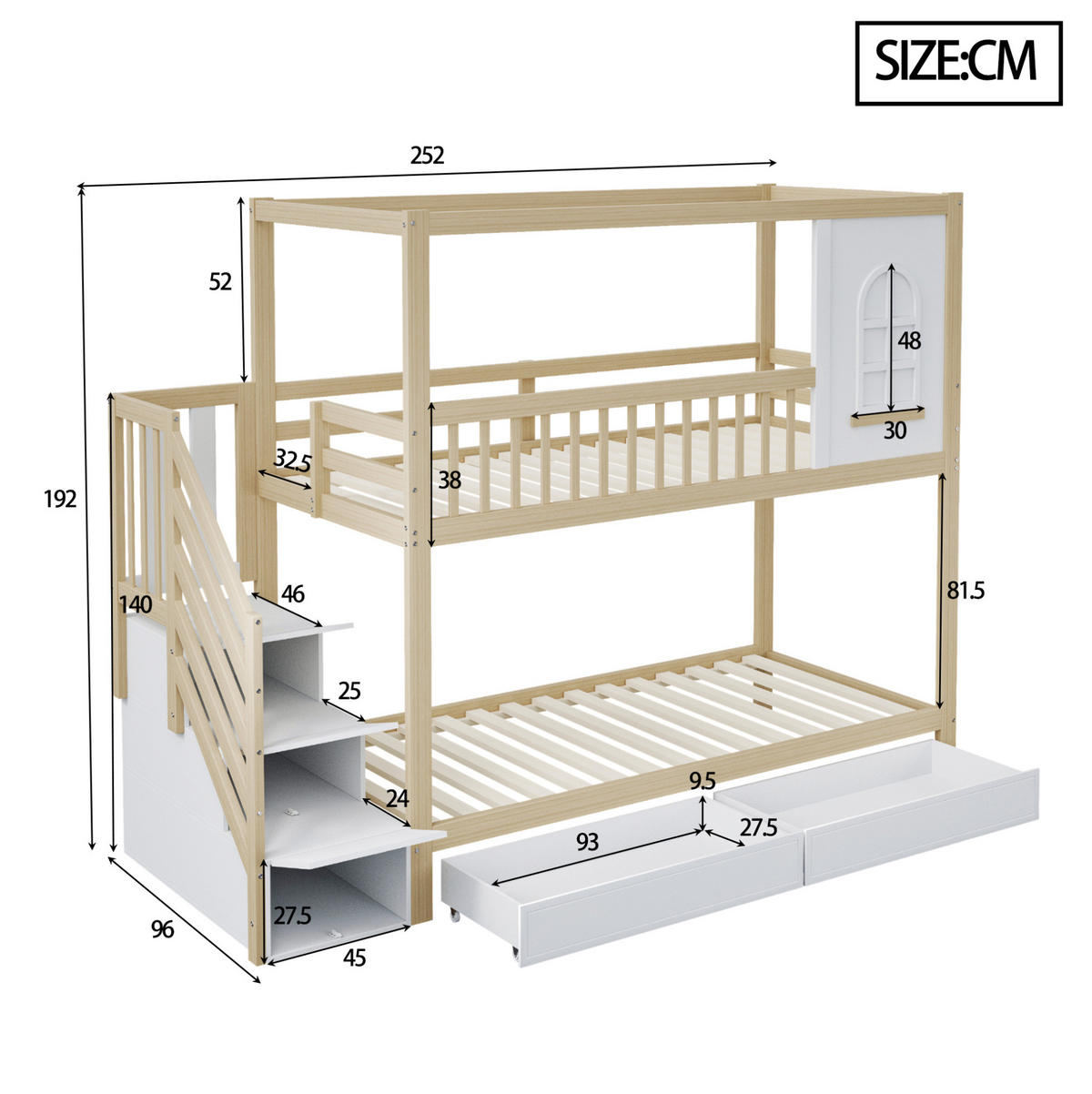 ETAGENBETT 90/200 cm aus Holz mit Leiter, Fenstern und Schubladen Natur - Naturfarben, Holz (90/200cm) - Modenvie