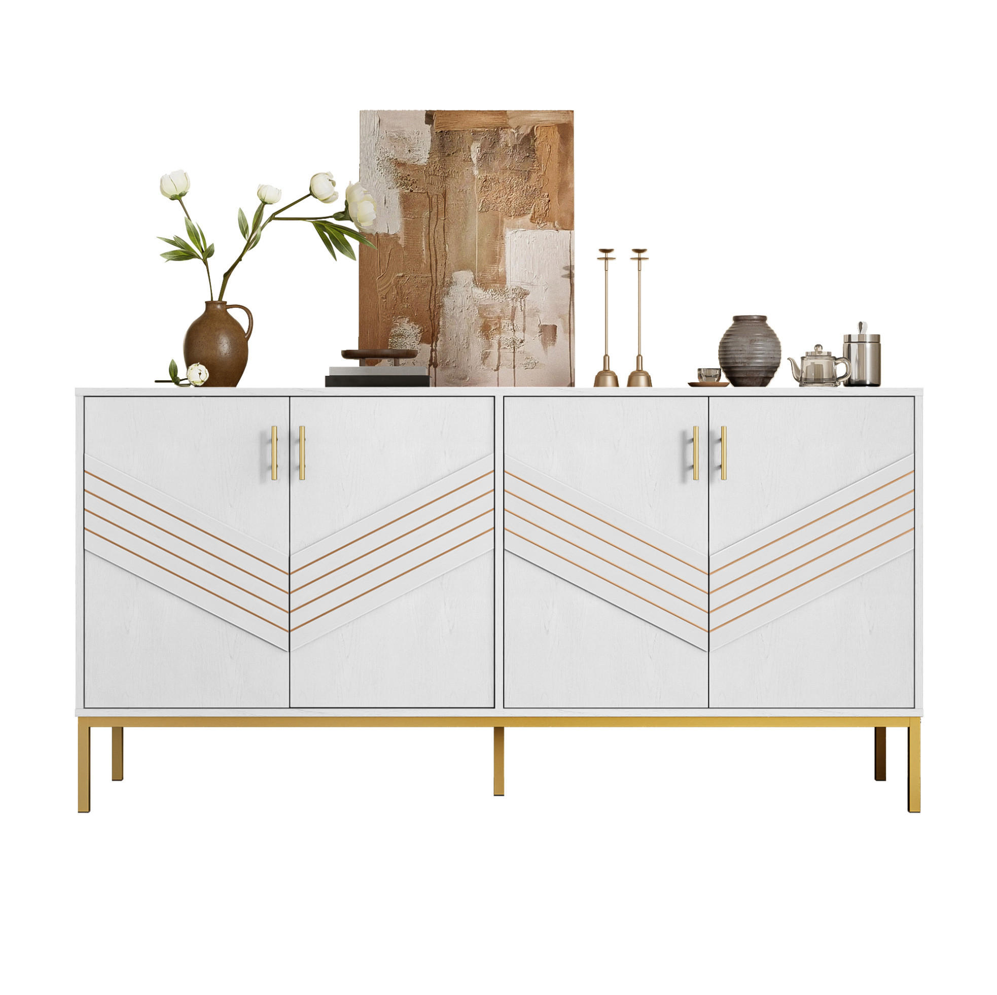 SIDEBOARD 160/40/80,5 cm Weiß/Holz aus MDF mit 4 Türen - Weiß, Holzwerkstoff (160/80.5/40cm) - OKWISH