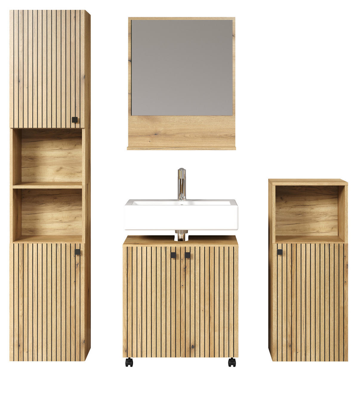 BADMÖBEL-SET Evoke Eiche 4-teilig 160 x 190 cm, Badkombination mit viel Stauraum - Eichefarben/Schwarz, Glas/Holzwerkstoff (160/190/40cm) - Top.Furn