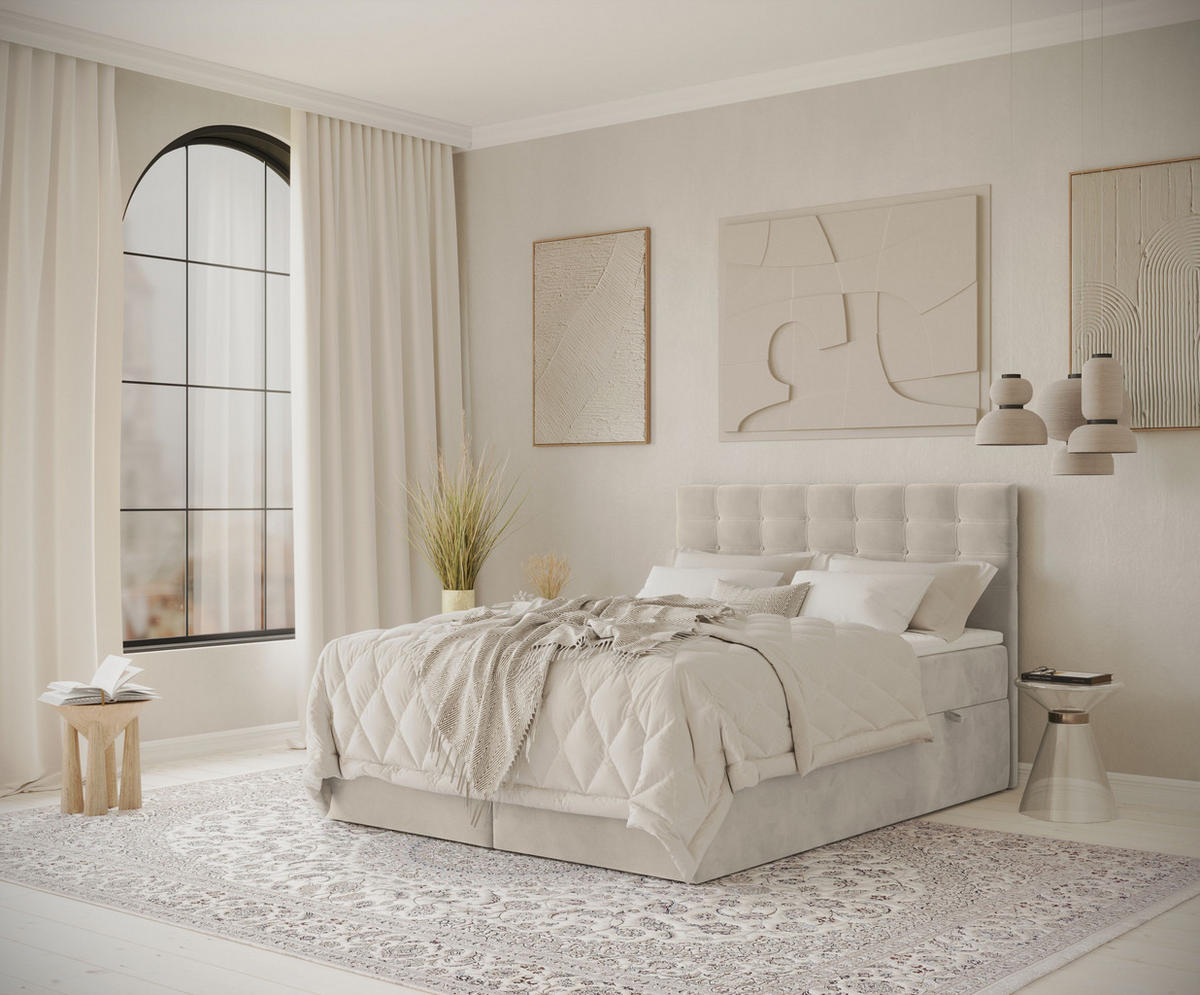 BOXBETT Sansa Hellbeige 120/200 cm mit Taschenmatratze und Topper - Beige/Schwarz, Holz/Holzwerkstoff (120/200cm) - Maison de Reve