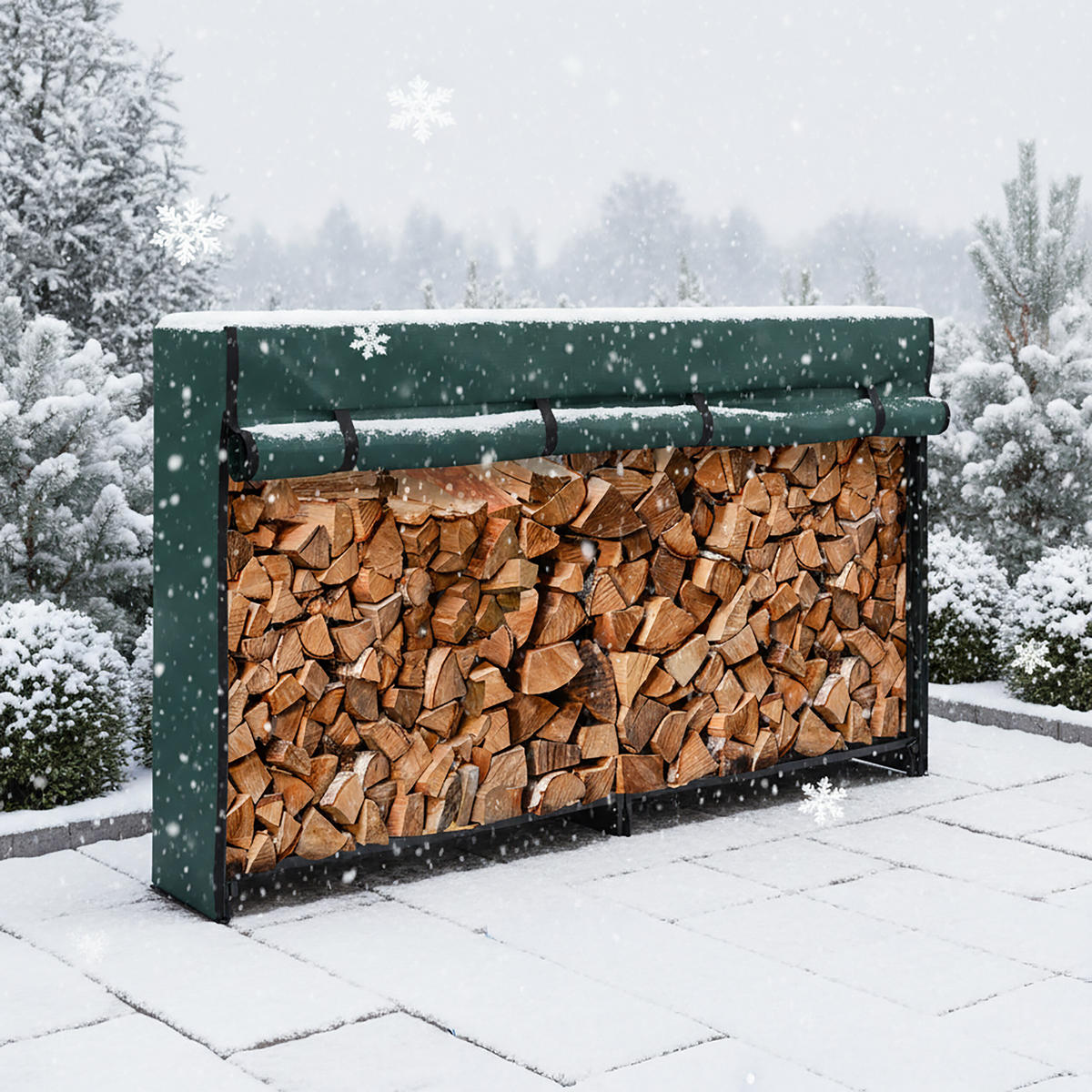 KAMINHOLZREGAL - Dunkelgrün, Kunststoff/Metall (202/111/30cm) - Relaxdays