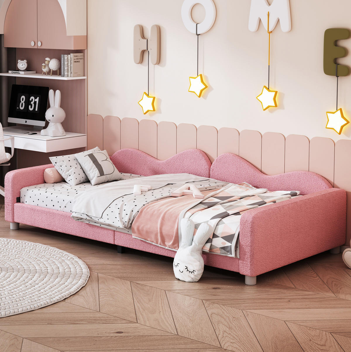 DETSKÁ posteľ 90/200 cm ružová s operadlom a podrúčkami z MDF, kovu a teddy látky - ružová, textil (90/200cm) - OKWISH