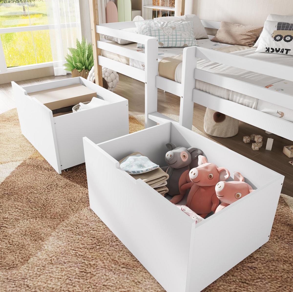 HAUSBETT 90/200 cm in Weiß/Natur – halbhoch mit Dach, Treppe und 2 Schließfächern - Weiß, Holzwerkstoff (90/200cm) - BEAOK