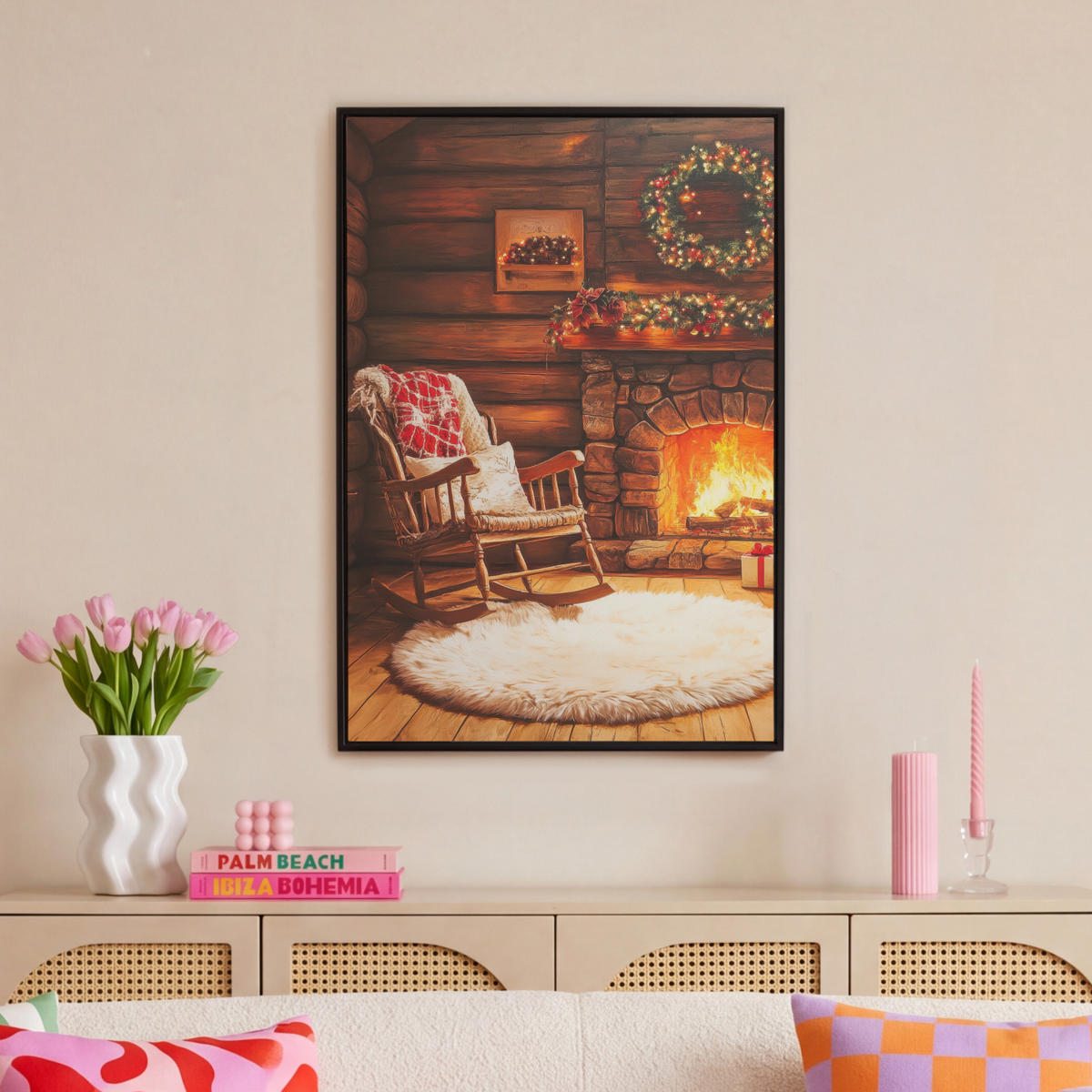 LEINWAND Bilder mit Rahmen - Winter - Weihnachten - Zuhause - Kamin - 60x90 - Bernsteinfarben, Textil (60/90cm) - MuchoWow