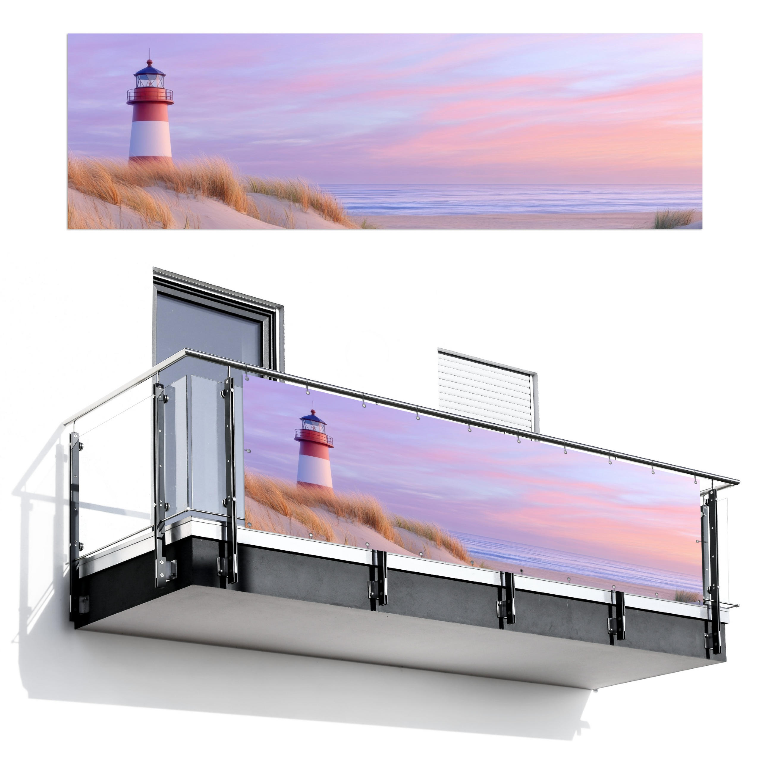 BALKON-SICHTSCHUTZ Leuchtturm - Dünen - Sonnenuntergang 300x90 cm - Hellrosa, Kunststoff (300/90cm) - MuchoWow
