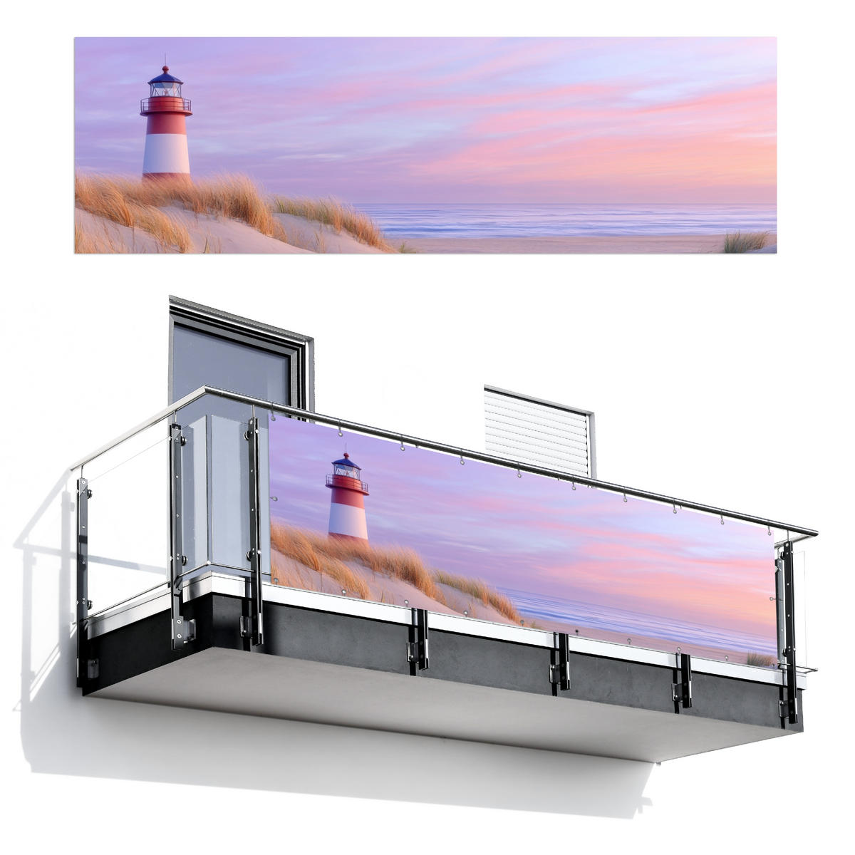 BALKON-SICHTSCHUTZ Leuchtturm - Dünen - Sonnenuntergang 300x95 cm - Hellrosa, Kunststoff (300/95cm) - MuchoWow