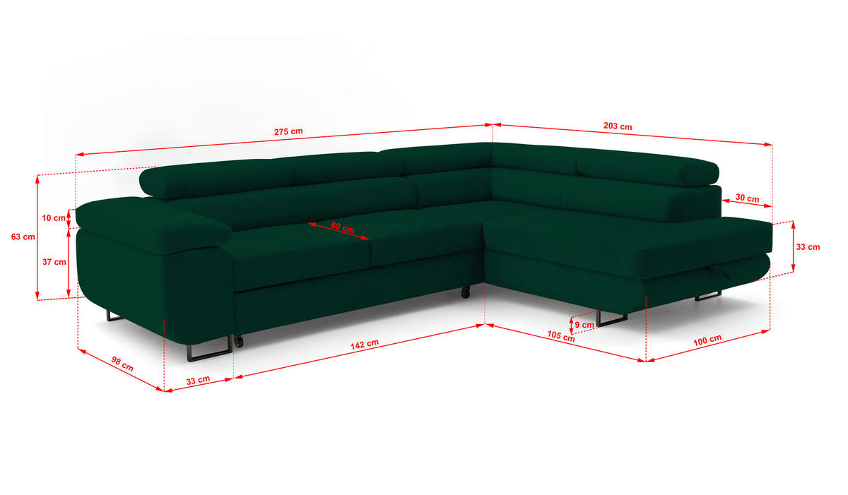 ECKSOFA Velmo mit Bettkasten und Schlaffunktion, verstellbaren Kopfstützen, in L-Form - Dunkelgrün, Textil (275/203cm)