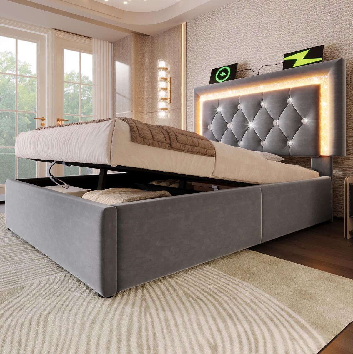 SAMT-POLSTERBETT 90/200 cm mit LED-Beleuchtung, Bettkasten & USB-C in Grau - Grau, Textil (90/200cm) - BEAOK
