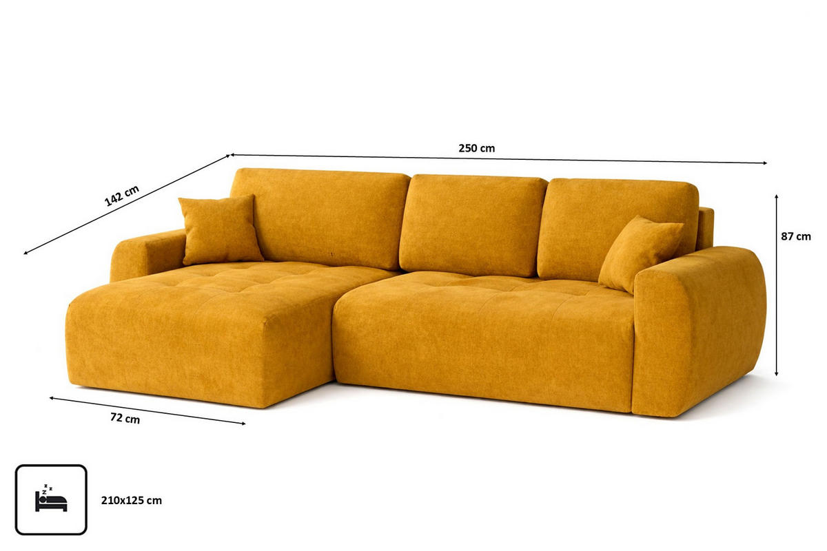 ECKSOFA Mit Schlaffunktion Und Bettkasten L-Form Ivo L, Veloursstoff Salvador, Gelb, Links - Gelb, Holz (250/142cm) - Kaiser Möbel