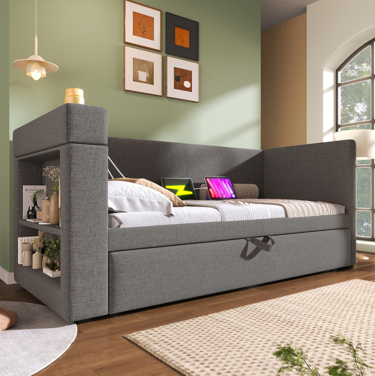 POLSTERBETT 90/190 cm Grau mit USB- und Type-C-Anschlüssen - Grau, Textil (90/190cm) - Flora Grace