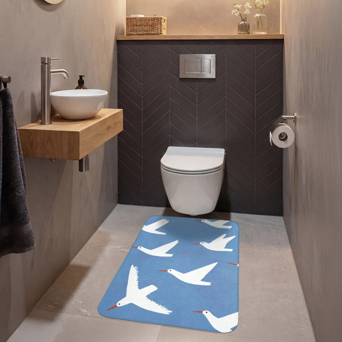 WC PŘEDLOŽKA Ptáci - bílá - vzor 60x90 cm - modrá, textil/plast (60/1cm) - OnlyWow