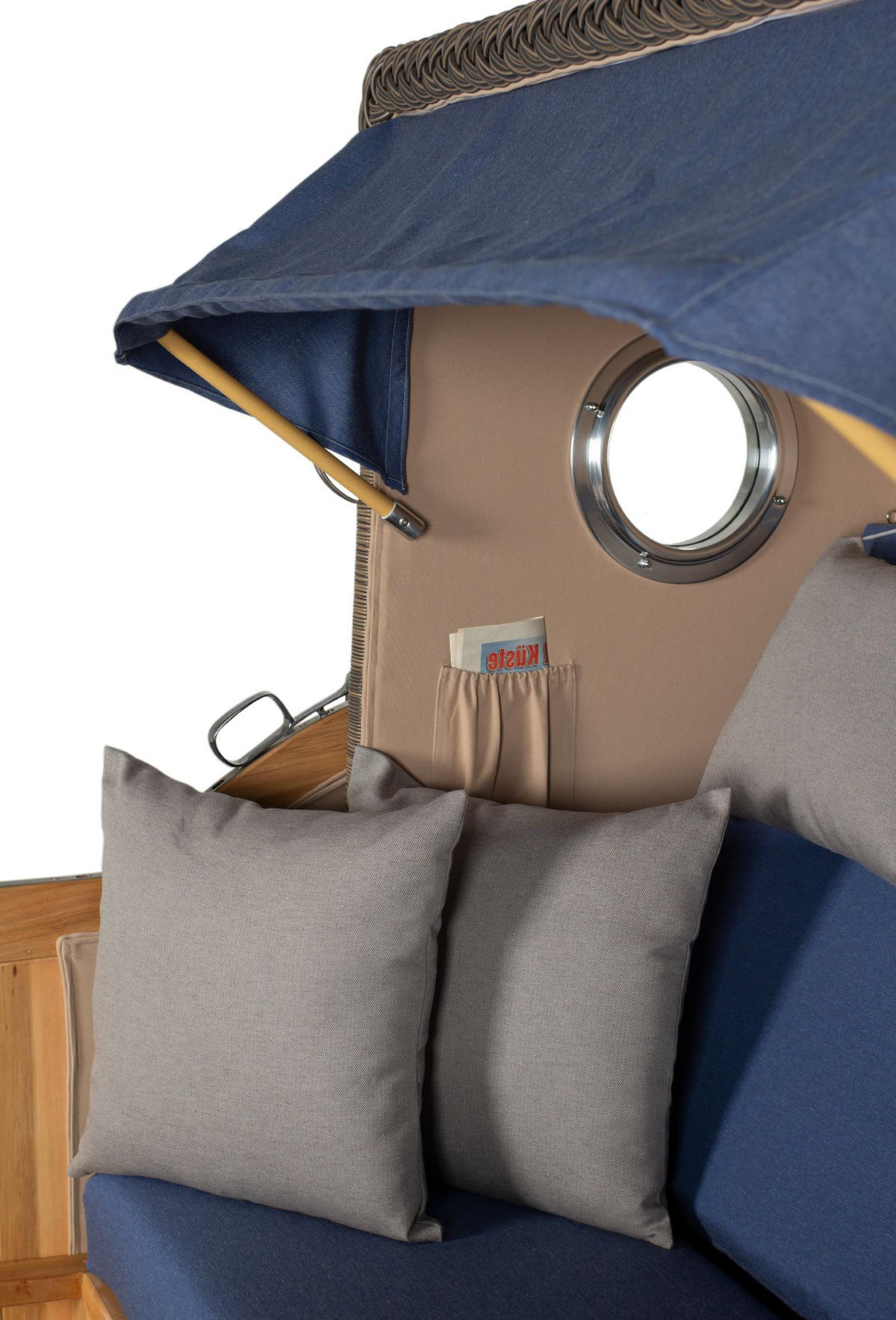 STRANDKORB Komplettset: Ammersee Grande XL Teak Bullauge - PE grau - Modell 595 - Blau/Grau, Holz/Kunststoff (142/165/95cm) - bene living