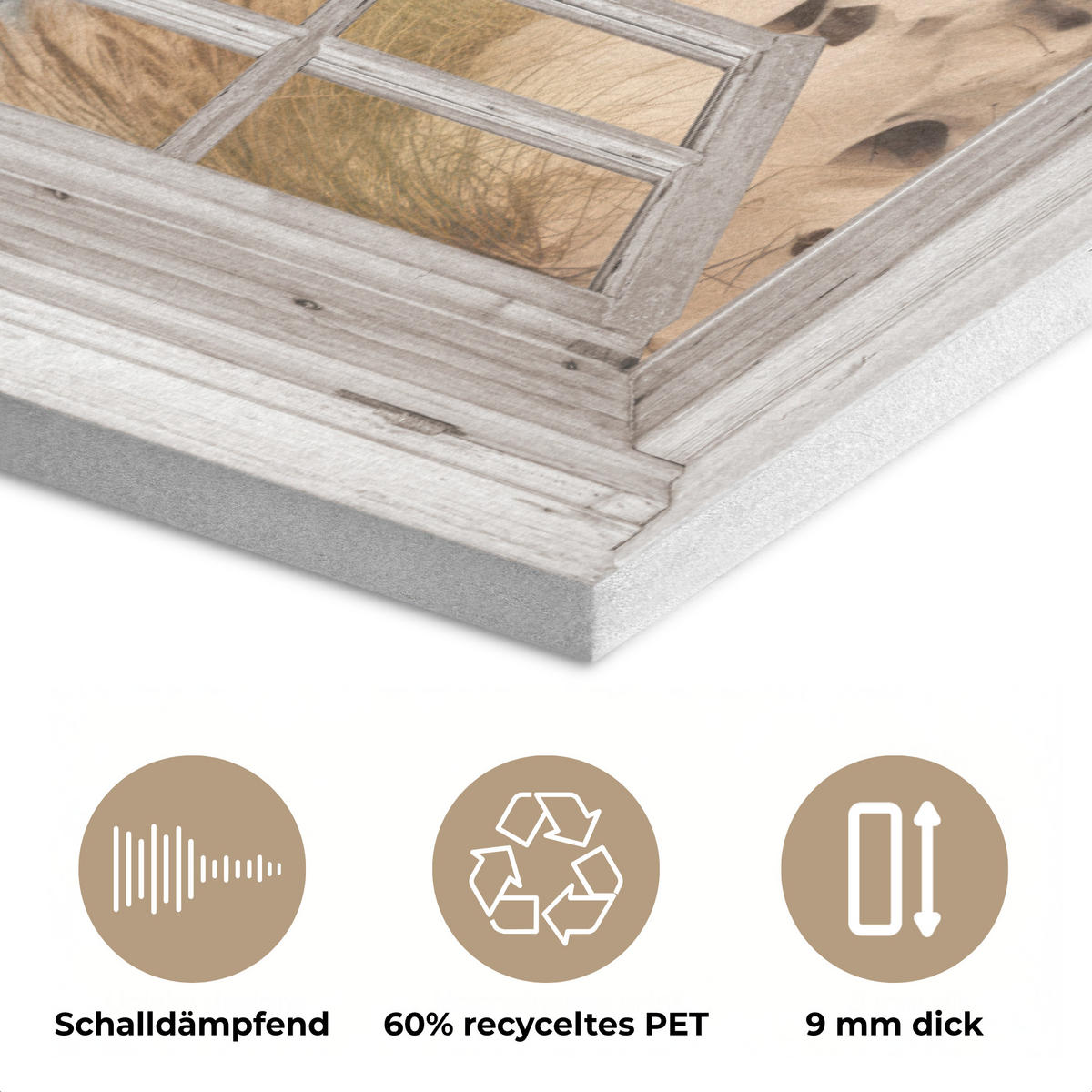 AKUSTIKBILD Fenster - Meer - Küste - Natur - Ausblick - Strand - Wattenmeer Akustikpaneele 90x60 cm - Beige, Kunststoff (90/60/0.9cm) - MuchoWow