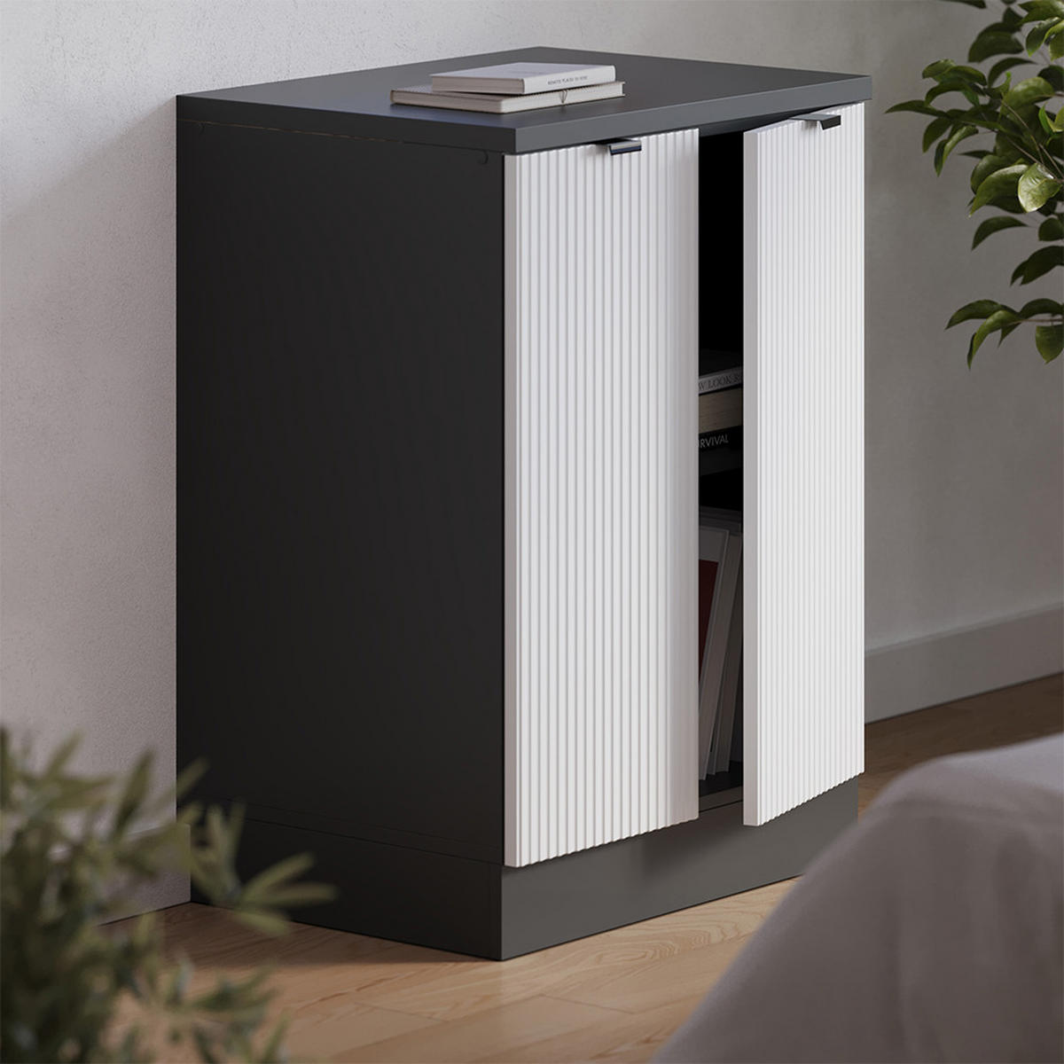 KUHINJSKA OMARA ZA POŠEVNE STREHE R-Line, Belo valovanje, 60 cm brez naklona z 2 vrati - bela/antracit, leseni material (60/83.8/46cm) - Vicco