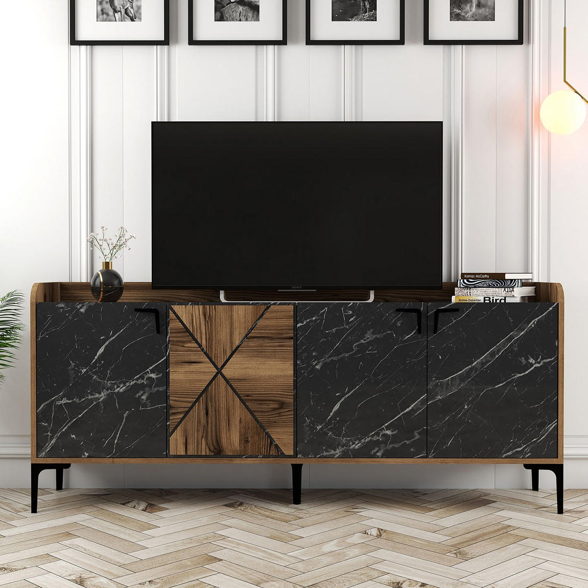 SIDEBOARD 4 Türen L180 cm - Venedik - Schwarz, Holzwerkstoff (35/78/180cm) - Calicosy